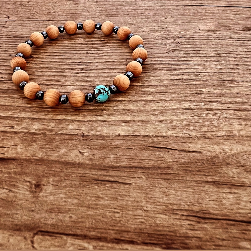 EQUINOX Bracelet feat. 8mm Cedar Wood beads &  turquoise stone